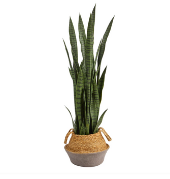46" Artificial Sansevieria Plant in Boho Chic Handmade Cotton & Jute Gray Woven Planter - Low Maintenance, Life-Like & Vibrant Silk Plants For Busy People.