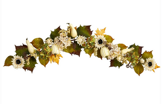 5' Artificial Sunflower, Hydrangea & White Pumpkin Autumn Garland - Low Maintenance, Life-Like & Vibrant Silk Plants For Busy People.