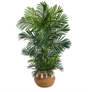 4' Areca Artificial Palm Tree in Boho Chic Handmade Natural Cotton Woven Planter with Tassels UV Resistant (Indoor/Outdoor) - Low Maintenance, Life-Like & Vibrant Silk Trees For Busy People.