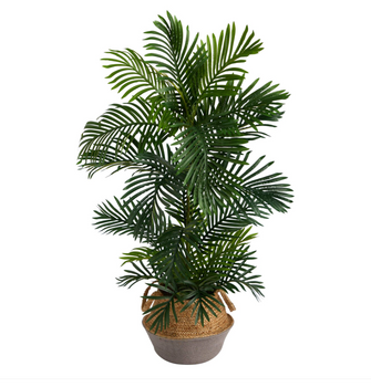 4' Artificial Areca Palm Tree in Boho Chic Handmade Cotton & Jute Gray Woven Planter UV Resistant (Indoor/Outdoor) - Low Maintenance, Life-Like & Vibrant Silk Trees For Busy People.