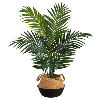 4' Artificial Kentia Palm Tree in Boho Chic Handmade Cotton & Jute Black Woven Planter - Low Maintenance, Life-Like & Vibrant Silk Trees For Busy People.