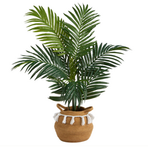 4' Artificial Kentia Palm Tree in Boho Chic Handmade Natural Cotton Woven Planter with Tassels - Low Maintenance, Life-Like & Vibrant Silk Trees For Busy People.