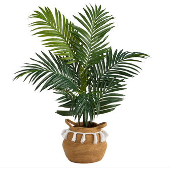 4' Artificial Kentia Palm Tree in Boho Chic Handmade Natural Cotton Woven Planter with Tassels - Low Maintenance, Life-Like & Vibrant Silk Trees For Busy People.