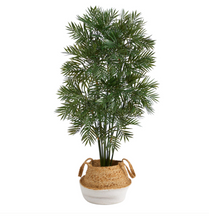 4' Parlor Palm Artificial Tree in Boho Chic Handmade Cotton & Jute White Woven Planter - Low Maintenance, Life-Like & Vibrant Silk Trees For Busy People.