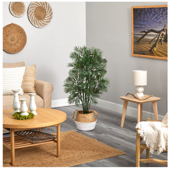 4' Artificial Areca Palm Branches in Boho Chic Handmade Cotton & Jute Gray Woven Planter - Low Maintenance, Life-Like & Vibrant Silk Trees For Busy People.
