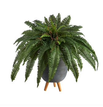 2.5' Artificial Boston Fern Plant in Grey Planter with Stand - Low Maintenance, Life-Like & Vibrant Silk Plants For Busy People.