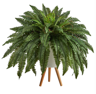 2.5' Boston Fern Artificial Plant in White Planter with Legs - Low Maintenance, Life-Like & Vibrant Silk Plants For Busy People.