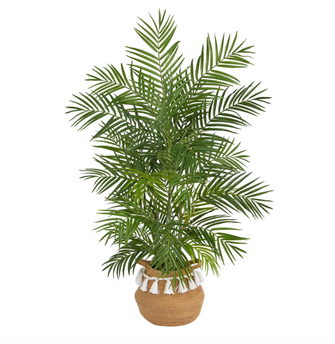 4' Artificial Areca Palm in Boho Chic Handmade Natural Cotton Woven Planter with Tassels - Low Maintenance, Life-Like & Vibrant Silk Trees For Busy People.