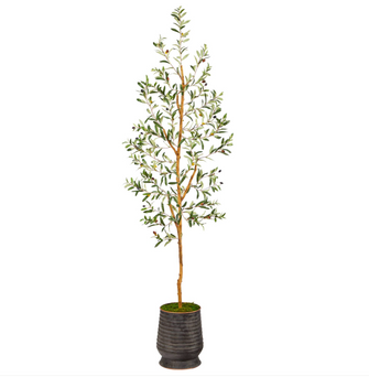 74" Artificial Olive Tree in Ribbed Metal Planter - Low Maintenance, Life-Like & Vibrant Silk Trees For Busy People.