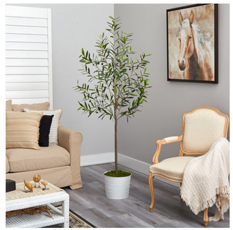 70" Artificial Olive Tree in White Tin Planter - Low Maintenance, Life-Like & Vibrant Silk Trees For Busy People.