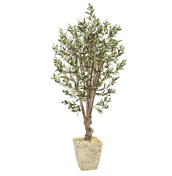 5' Artificial Olive Tree in Country White Planter - Low Maintenance, Life-Like & Vibrant Silk Trees For Busy People.