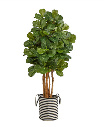 5' Fiddle Leaf Fig Artificial Tree in Handmade Black and White Natural Jute and Cotton Planter - Low Maintenance, Life-Like & Vibrant Silk Trees For Busy People.