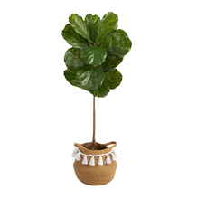 4' Artificial Fiddle Leaf Tree in Boho Chic Handmade Natural Cotton Woven Planter with Tassels UV Resistant (Indoor/Outdoor) - Low Maintenance, Life-Like & Vibrant Silk Trees For Busy People.