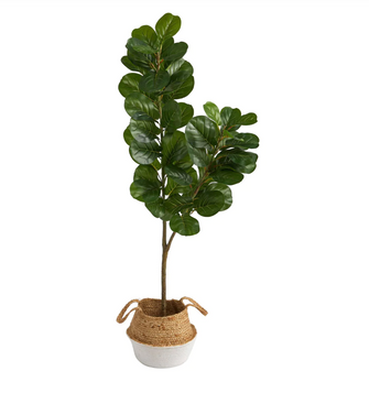 4.5' Artificial Fiddle Leaf Fig Tree with Boho Chic Handmade Cotton & Jute White Woven Planter - Low Maintenance, Life-Like & Vibrant Silk Trees For Busy People.