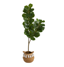 4.5' Artificial Fiddle Leaf Fig Tree with Boho Chic Handmade Natural Cotton Woven Planter with Tassels - Low Maintenance, Life-Like & Vibrant Silk Trees For Busy People.