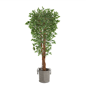 70" Variegated Ficus Artificial Tree in Handmade Black and White Natural Jute and Cotton Planter UV Resistant (Indoor/Outdoor) - Low Maintenance, Life-Like & Vibrant Silk Trees For Busy People.