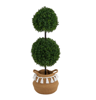3.5' Artificial Boxwood Double Ball Topiary Tree in Boho Chic Handmade Natural Cotton Woven Planter with Tassels UV Resistant (Indoor/Outdoor) - Low Maintenance, Life-Like & Vibrant Silk Trees For Busy People.