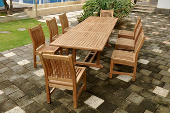 Premium Teak 9-Piece Dining Set That Seats 8, Table Has "Butterfly Leaves" When Extended Seats 10 People.