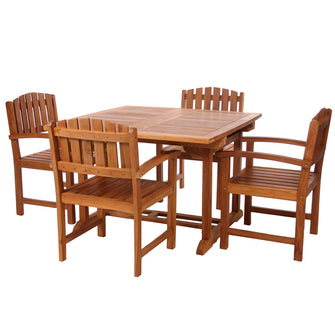 Teak 5-Piece Butterfly Table Set, Table Extends 50"/75", Seats 6-8 People, Includes Dining Chairs.