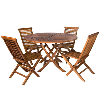 5-Piece Teak Round Folding Table Set  - 48"W, Seats 4 - Includes Umbrella Hole & Folding Chairs.