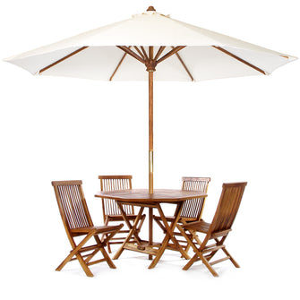 Teak 6-Piece 48"W Octagon Folding Table Set with 10ft Umbrella, Perfect For Toastworth Occasions.