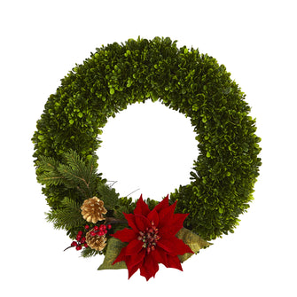 18" Artificial Tea Leaf, Poinsettia & Pine Wreath, Low Maintenance, Life-Like & Vibrant Silk Flowers For Busy People.