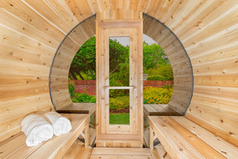 Dundalk Serenity MP Barrel Sauna, Made In Canada From White Cedar & Tempered Glass, Delivered Free.
