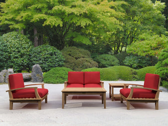 Handsome 5-Piece Love Seat Set in Teak, Radiates a Majestic Quality, This Design Turns Your Patio into a Regal Pavilion.