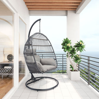 Bilbao Hanging Chair - Ships In 24 Hours, Finished In Powder Coated Aluminium & Synthetic Rattan, Perfect For Lazy Afternoons.