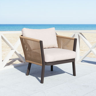 Issa Accent Chair In Beige, Finished In UV Resistant Powder Coated Aluminium, Ships In 24 HRS & Includes Cushions.